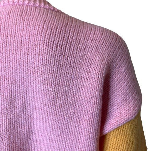 Women Open Knit Sweater Cardigan Medium Pink Orange Colorblock Fruit Embroidery - Picture 11 of 15